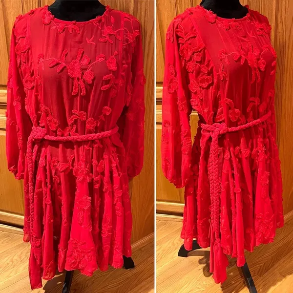 Anthropologie Mare‎ Mare Amal Puff Sleeve Textured Floral Mini Dress Red Size XS - Image 8