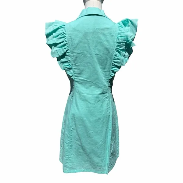 Strut & Bolt Turquoise Linen Blend Mini Dress Size S Ruffle Sleeve Blazer Style - Image 4
