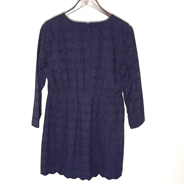 J Crew Navy Blue‎ Cotton Eyelet Dress V Neck 3/4 Sleeve Scalloped Hem Women's 14 - Image 4