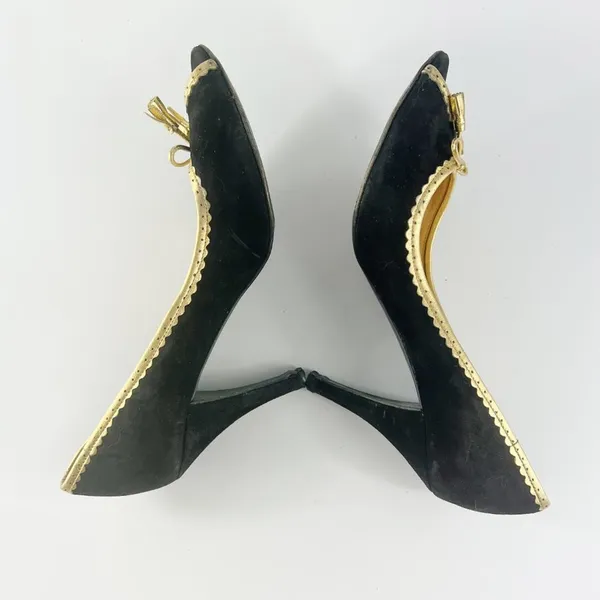 J. Crew Vintage Isabella Black Suede Gold Trim Peep Toe Heels Shoes Women 8.5 - Image 7