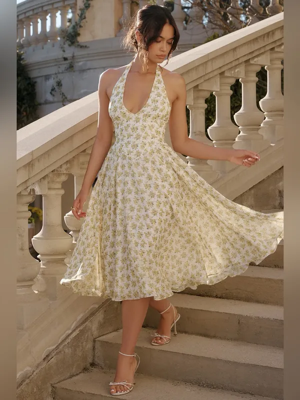 House of CB Solada Ivory Vintage Floral Print Georgette Halter Sundress XL - Image 11