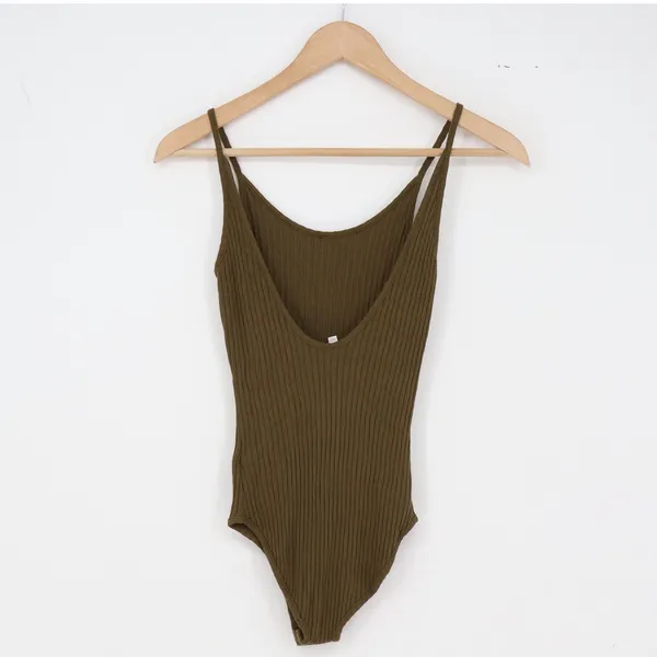Out From Under Bodysuit Womens M Ribbed Knit Olive Green Low Back Excellent - Image 5