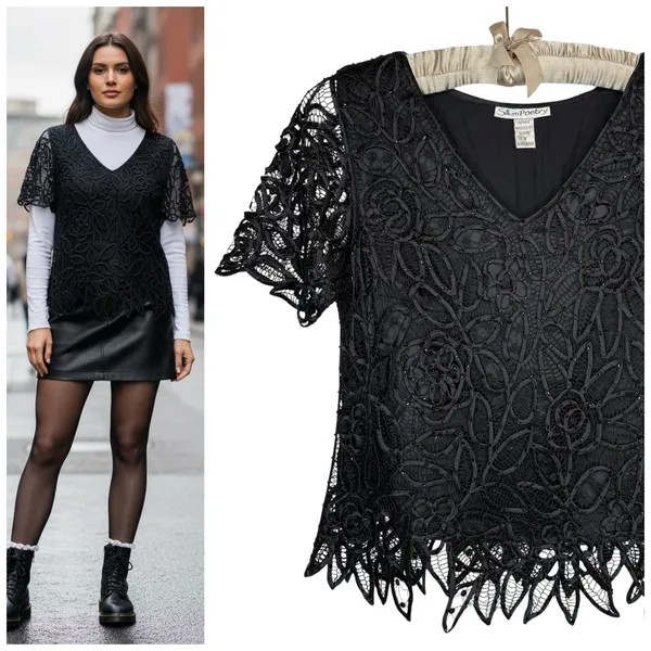 Vintage Silken Poetry‎ S Silk Black Beaded Crochet Lace Top Whimsigoth Fairy - Image 2