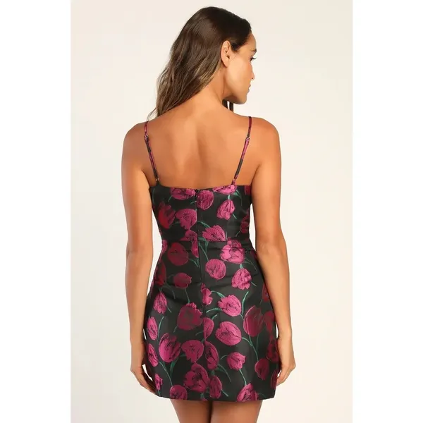 Lulus Pretty Blooms Black Floral Jacquard Sleeveless Mini Dress Size Large - Image 3