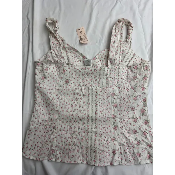 Dreamy Barn Floral Cami Top Pink White Rosebud‎ Smocked Back Knot Straps Medium - Image 2