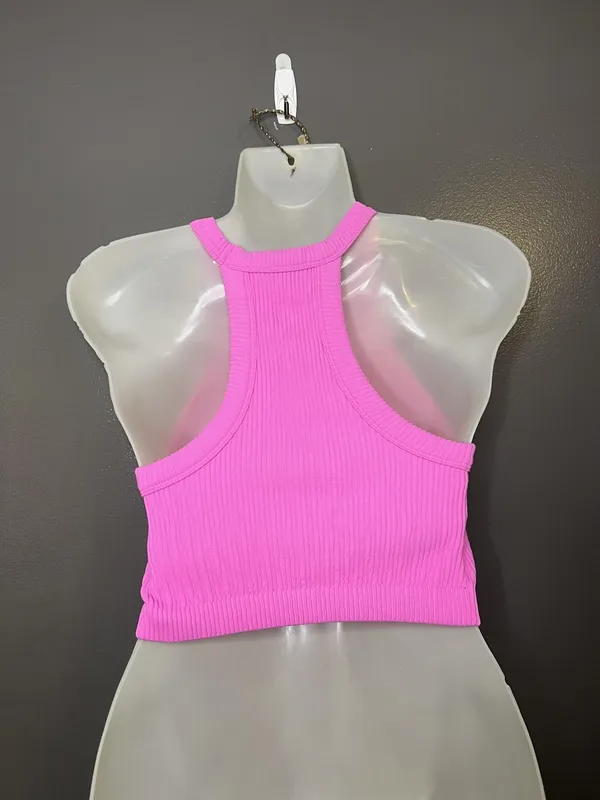 Aerie Sports Bra Womens Small Pink Ribbed Knit High Neck Racerback Cropped - Image 4
