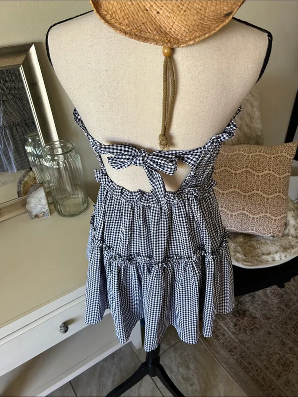 Altar’d state navy white gingham ruffle strapless western rush mini dress M - Image 6