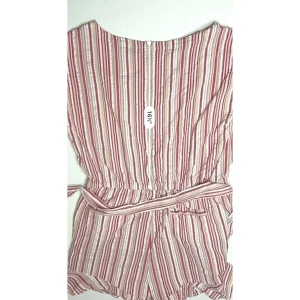 Loft Candy Stripe Romper LARGE Ruffled Sleeves Boat Neck Red Pink Tan - Image 8