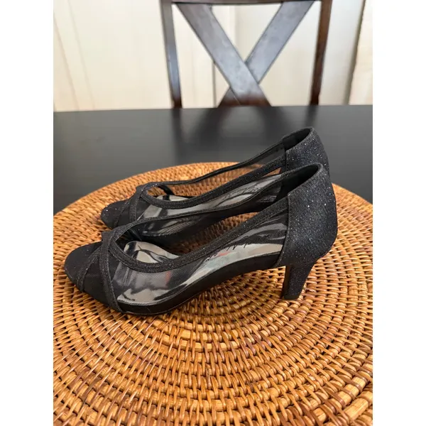 Easy Street Alive 5 Black Glitter Meshi Peep Toe Kitten Heel Pumps Evening Shoes - Image 3