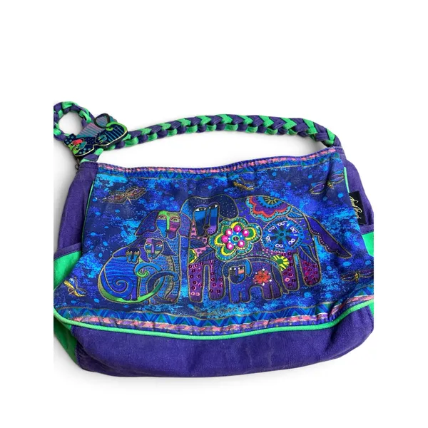 Laurel Burch Shoulder Bag Cats Dogs Purple Green Canvas Art Purse Vintage - Image 3