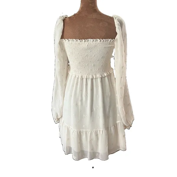 Aritzia Wilfred Tempest Smocked Chiffon Embroidered Mini Dress in Ivory Medium - Image 4