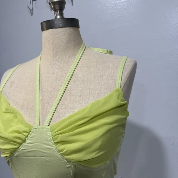 Women’s Cropped Tank Top Size S Boning Rushed Mesh Y2K Green Coquette Feminine - Image 3