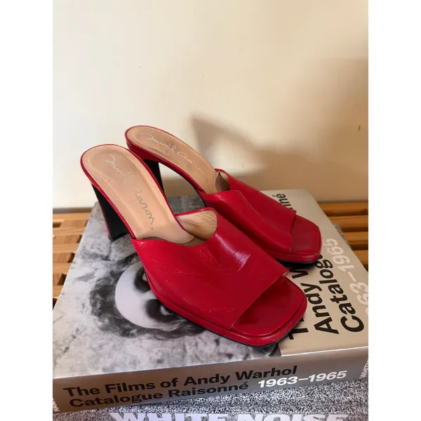 Vintage David Aaron Red Leather Slide Mule Heels Y2K Open Toe Pumps Size 8 - Image 2