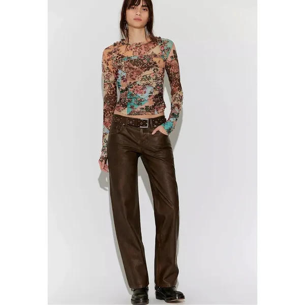 Free People Dainty Retro 90s Ariana Long Sleeve Ruched Top Taupe Combo Large - Image 4