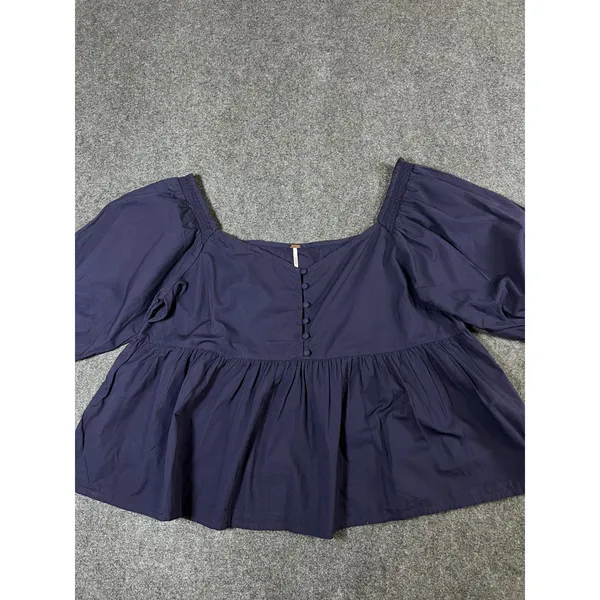 Free People Navy Blue Cotton Puff Sleeve Babydoll Blouse Top Large - Image 9