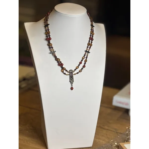 Vintage Multi-Strand Necklace With Red & Amber Beads Bronze Pendant & Chain Intr - Image 9