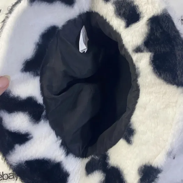 Cow Print Faux Fur Bucket Hat Black & White Fluffy Y2K Unisex - Image 3