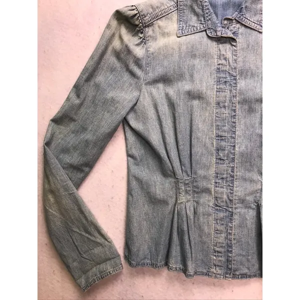 Lauren Ralph Lauren Denim Shirt Womens Small‎ Blue Pleated Puff Sleeve Western - Image 4