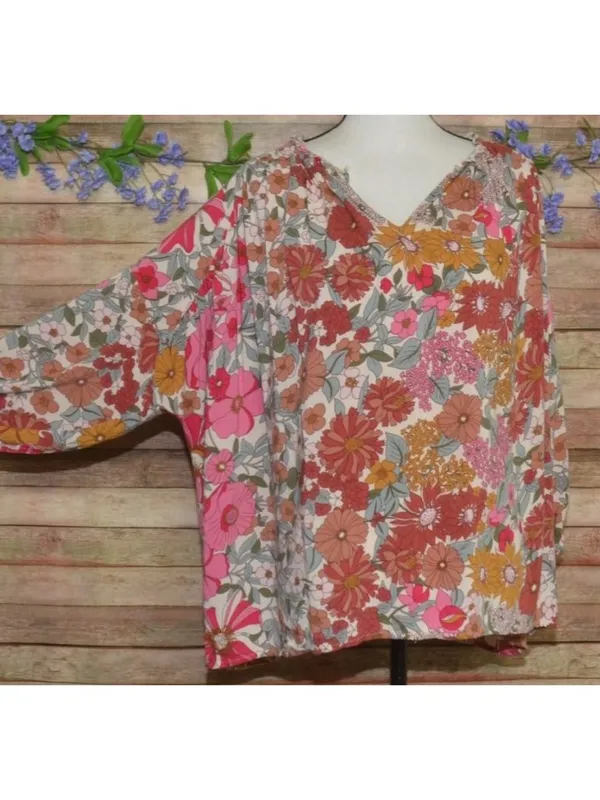 Entro Floral Blouse Womens Large 100% Rayon Boho Peasant V Neck Retro Mums - Image 6
