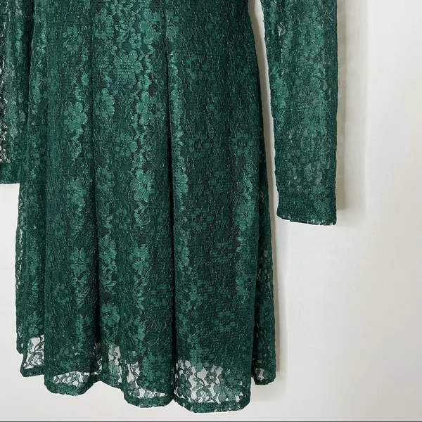 Vintage Green Lace Skater Dress Keyhole‎ Long-Sleeve Tie-Back Bow Christmas - Image 9