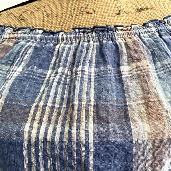 American Eagle Outfitters Puff‎ Sleeve Crop Top Blue Plaid Cotton Linen Size XS - Image 4