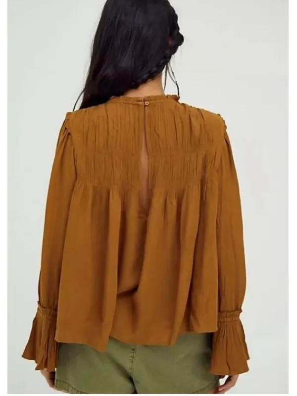 Free People Kelsey Top Size Large Ginger Snap Bell Sleeve Pleated Ruffle Boho - Image 3