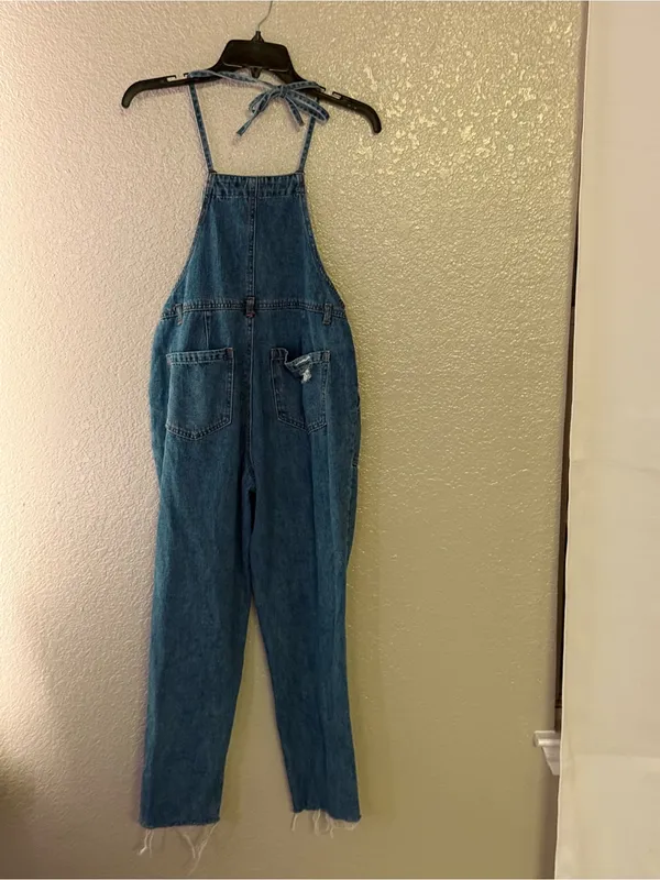 Forever 21 Denim Button Front Distressed Cropped Overalls Jumpsuit M - Image 7