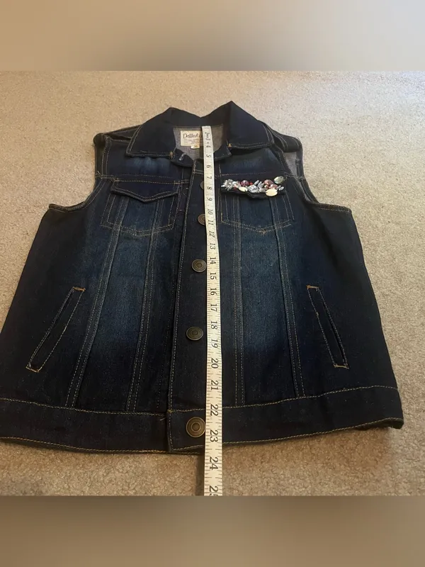 Dolled Up Vintage Women’s Dark-wash Denim Vest with Beaded Embellished Pocket - Image 12