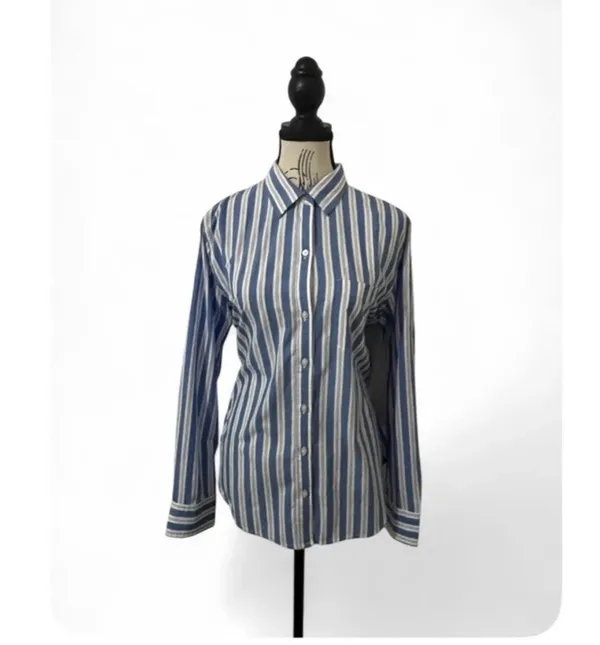 Old Navy Womens Large L Blue White Vertical Striped Button Down Shirt Long NWT - Image 3