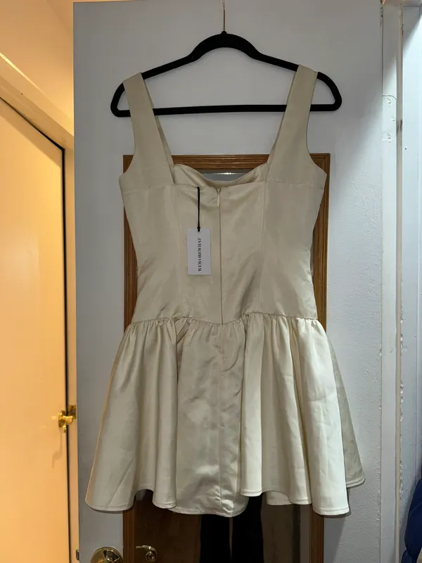 We Wore What Corset Peplum Satin Mini Dress in Ecru - Image 4
