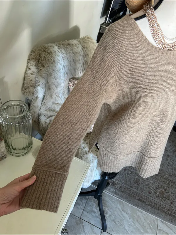 J.Jill light brown wool knit boat neck Boxy relaxed drop shoulder sweater L - Image 4