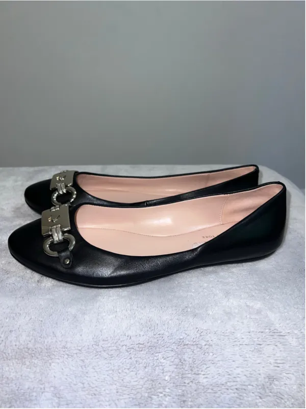 Kate Spade Black Leather Ballet Flats Silver Spade Detail - Image 2