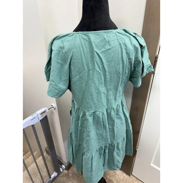 Universal Threads Dress Green Short Sleeve Mini Flare Linen Blend Boho V-Neck S - Image 4