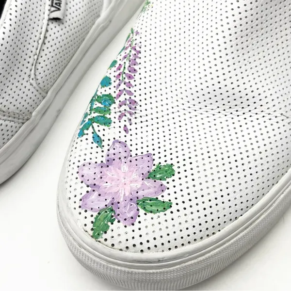 VANS White Perforated Leather Floral Custom Painted Slip On Shoes, Size 10 Boho - Image 6