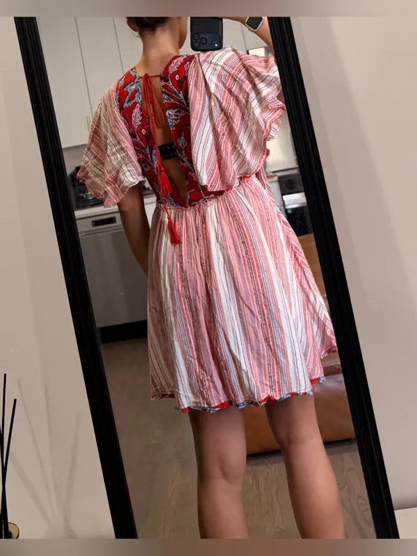 Free People Under The Sun Tunic Dress Floral Striped Red Rome - Image 10