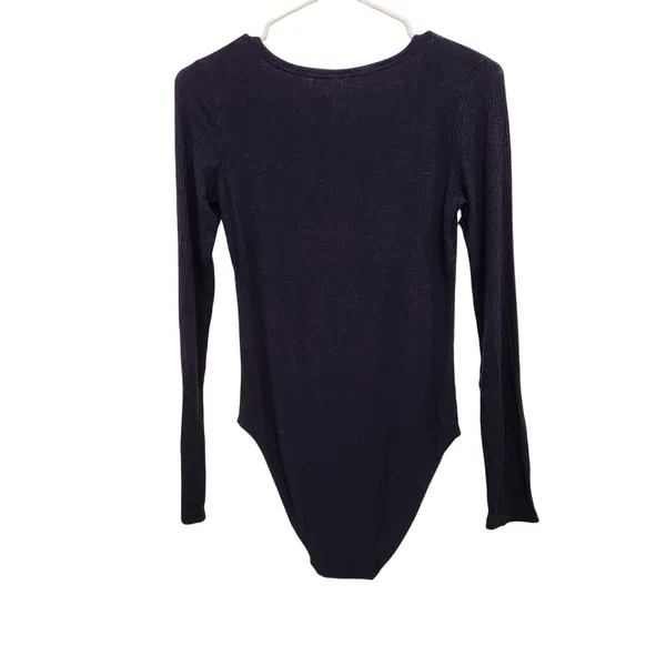 Aerie Navy Blue Knit Rib Long Sleeve Snap Front Classic Henley Bodysuit Medium - Image 2