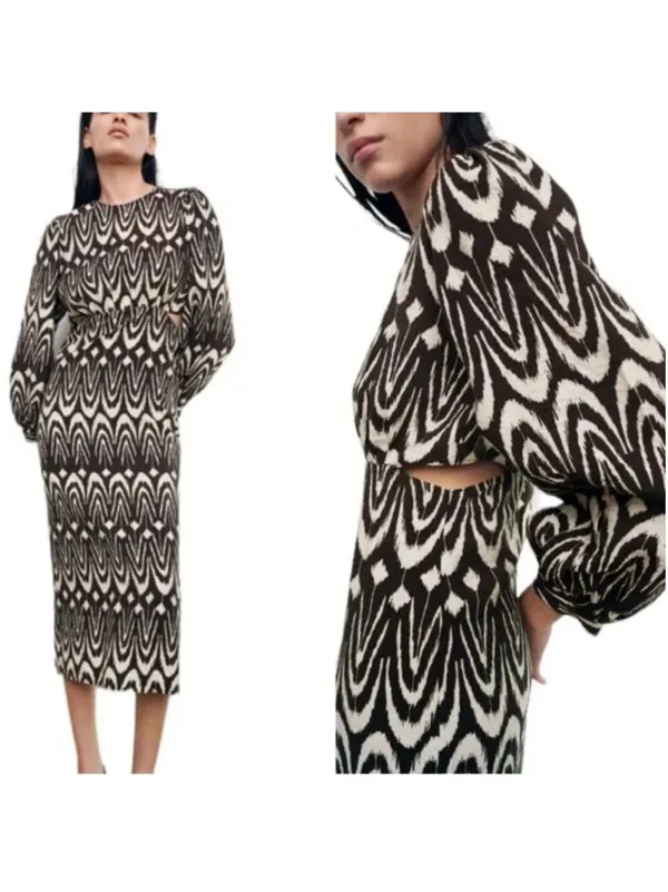 Zara Printed Midriff Cutout Brown Cream Ikat Tribal Puff Sleeve Maxi Dress Sz S - Image 3
