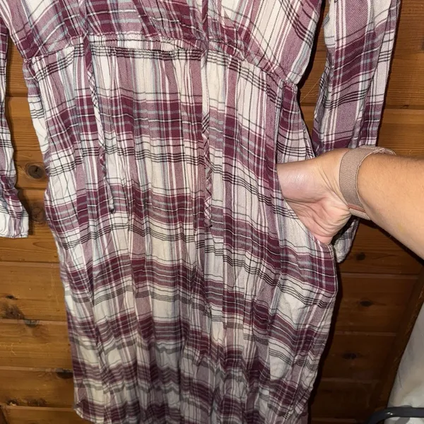 Knox Rose Maroon Plaid Long Sleeve Sheath Dress Pockets Flowy Country Boho XS - Image 4