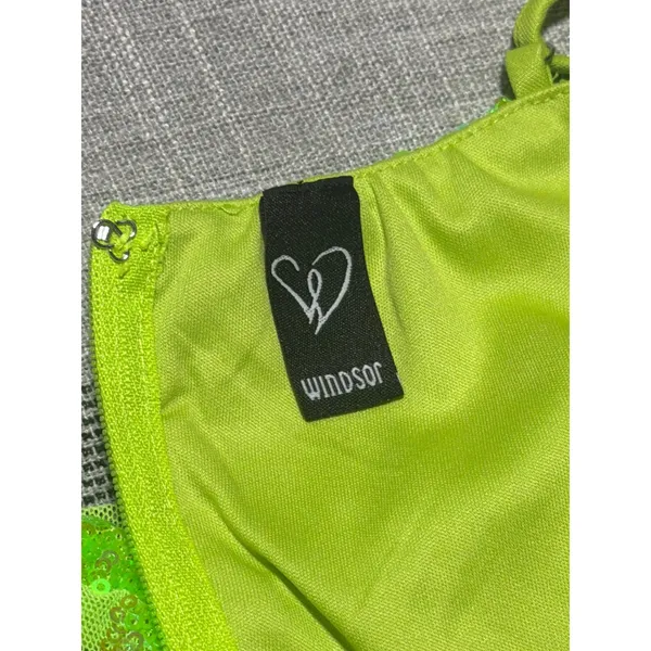 Winsor Neon Lime Green Sequin Damask Mini Dress Small Bodycon Cocktail hoco - Image 5