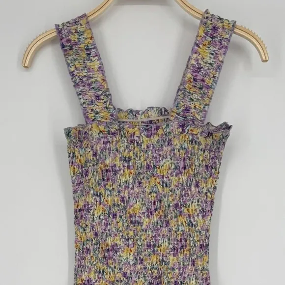 SNDYS Everyday Tina Midi Dress Size 2 Purple Yellow Floral Print Smocked Bodycon - Image 6