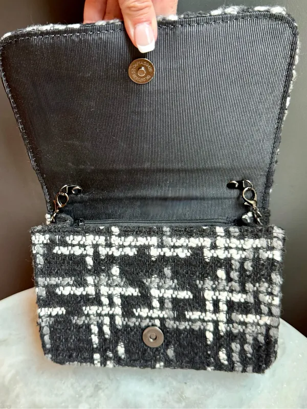 Chico's Pearl Embellished Tweed Crossbody Bag Black White Evening Clutch - Image 6