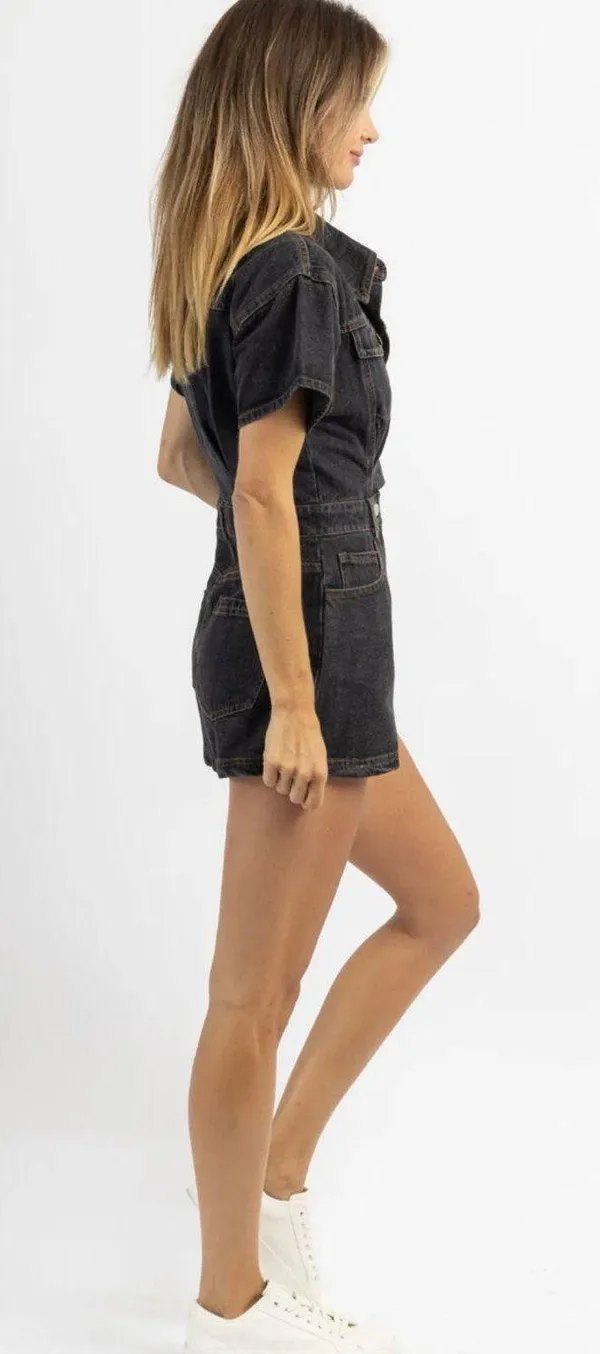 Vintage Black Denim Button Romper - Image 2