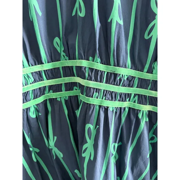 Umgee‎ Navy Blue Green Bow Print Cotton Midi Dress Medium Puff Sleeve - Image 12