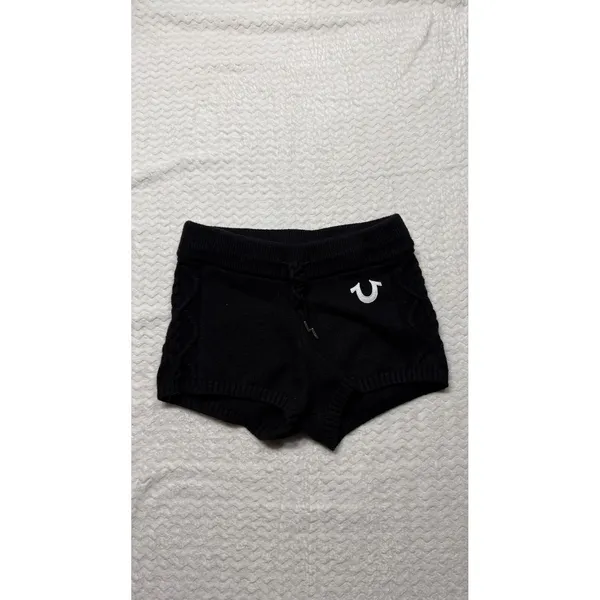 True Religion Womens Black Cable Knit Lounge Shorts Horseshoe Logo Small 4531 - Image 2