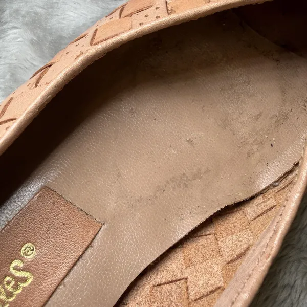 Vintage Town Dales Womens Size 7.5 Tan Woven Leather Peep Toe Shoes Flats Wedge - Image 6