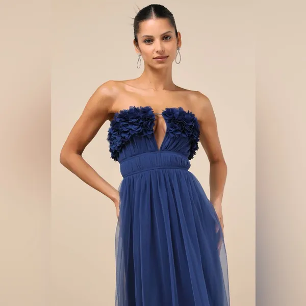 Lulus Chic Spectacle Navy 3D Applique Strapless Maxi Dress - Image 3