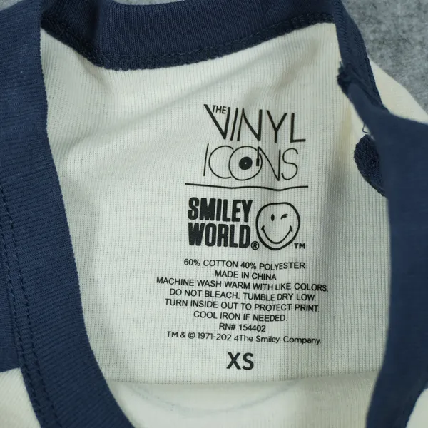 The‎ Vinyl Icons SmileyWorld Raglan Baseball Tee Navy Cream XS NWT Casual Lounge - Image 5