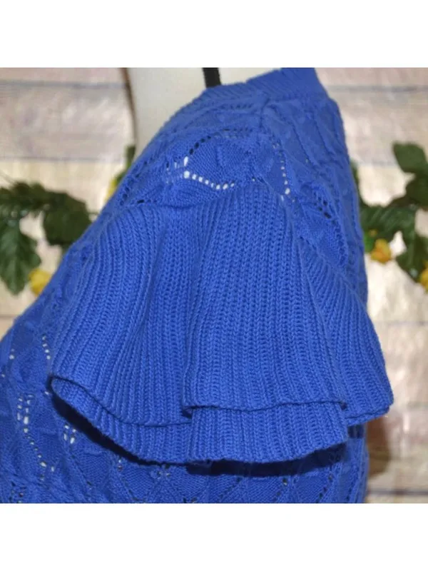 ANOTHER LOVE Size L Pointelle MIRA Flutter Sleeve Cardigan Sweater Cobalt Blue - Image 8