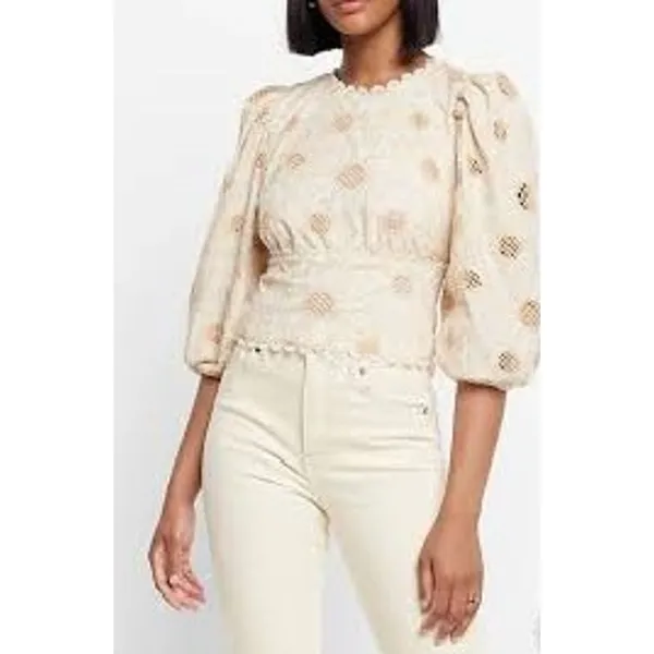 NWT Express M Embroidered Eyelet Open Back Top puff sleeve Blouse Lace Feminine - Image 2