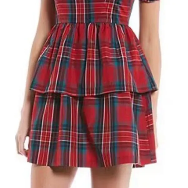 COPPER KEY Plaid Tiered Mini Dress Women Large Red Puff Sleeve Square Neck‎ NWT - Image 3